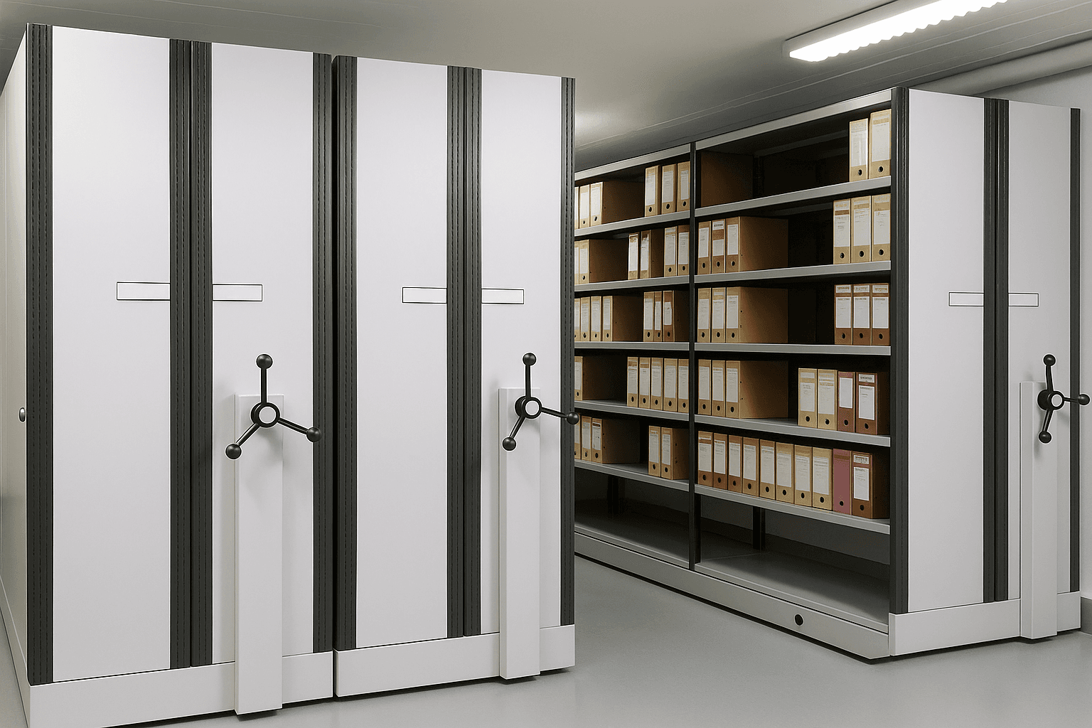 Secure, high-density vault storage system with rolling shelves, housing rows of labeled file boxes in a well-lit records management facility.